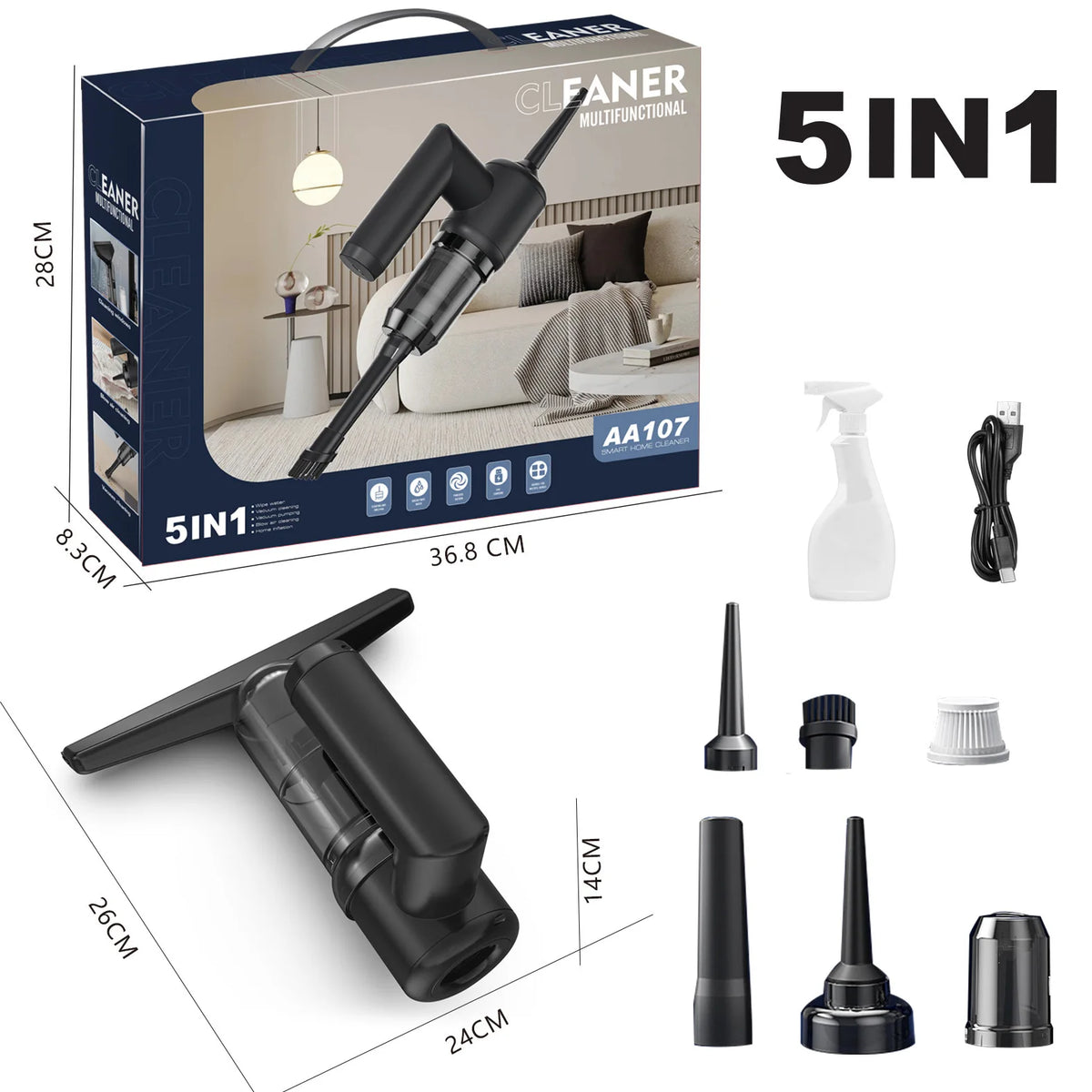 New 5in1 Blow High Power Portable Hand Vacuum Cleaner Multi-Purpose Ergonomic Design Plastic for Home Office Car Window